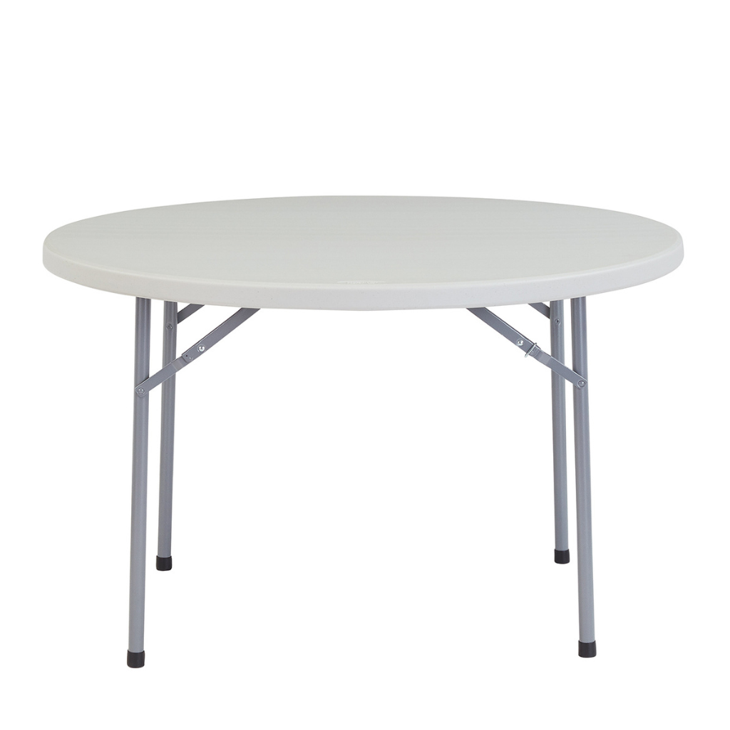 60-inch round folding table with a white tabletop and metal legs