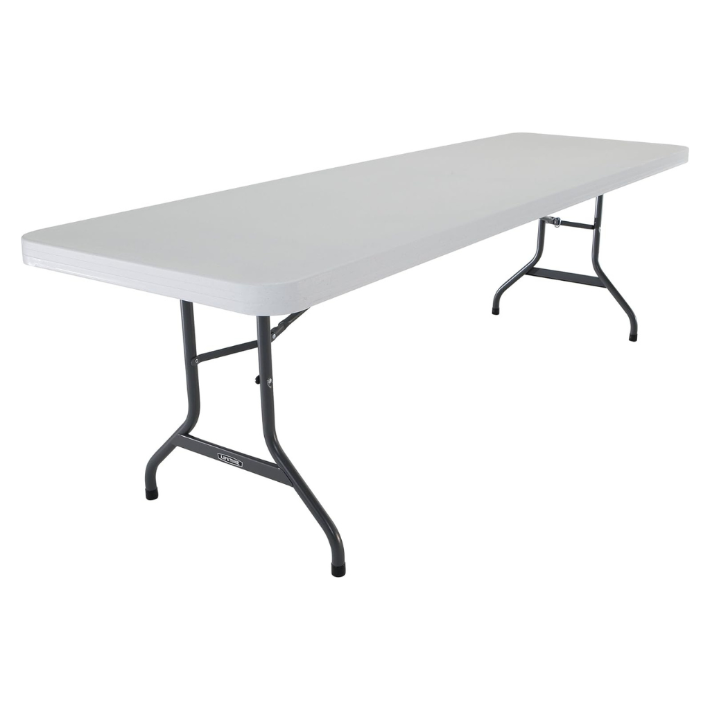 8ft rectangular folding table with a white tabletop and metal legs