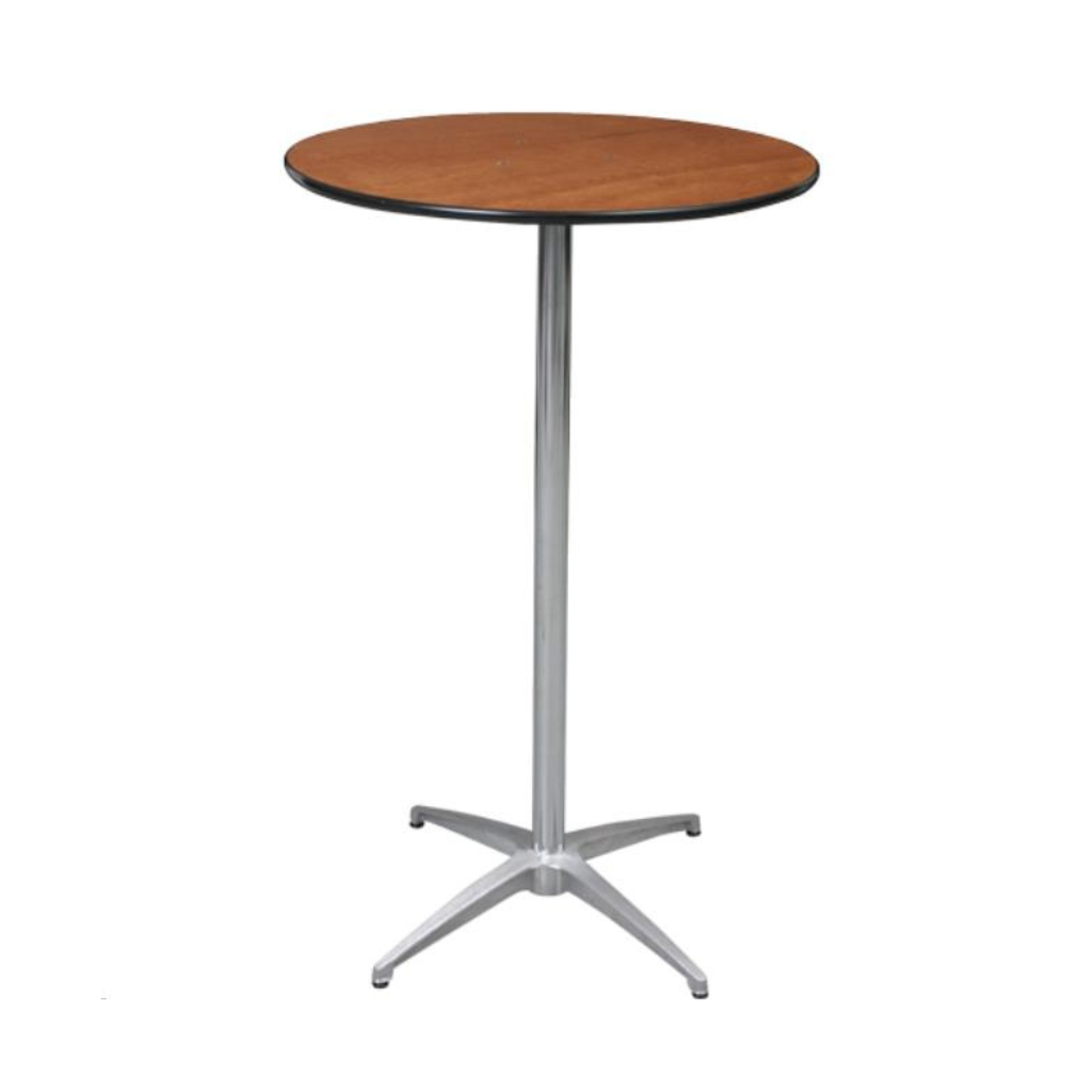 Tall cocktail table with a 30-inch round wood tabletop and metal pedestal base