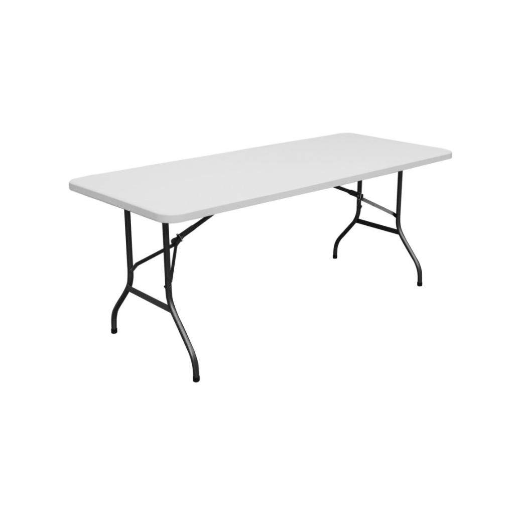 6ft rectangular folding table with a white tabletop and metal legs
