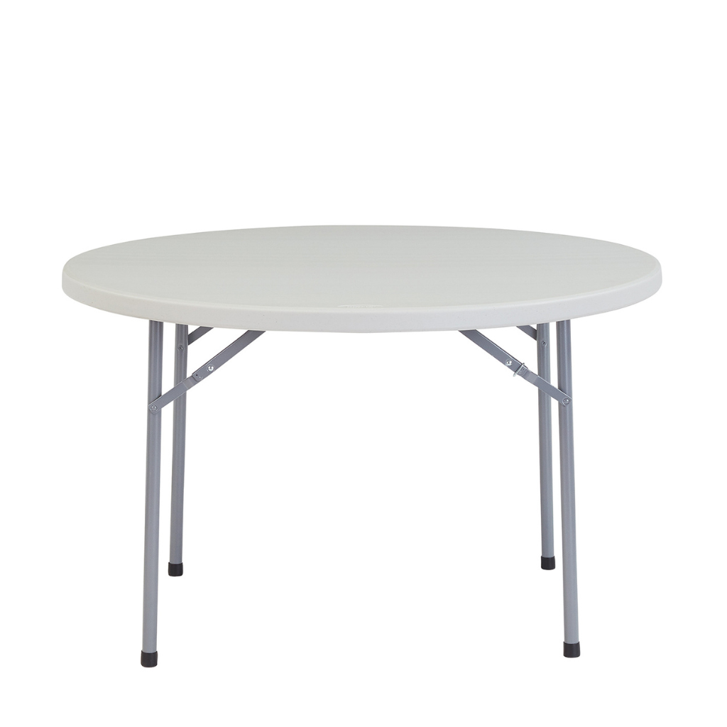 48-inch round folding table with a white tabletop and metal legs