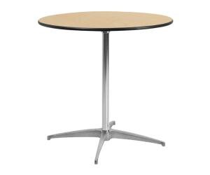 Low cocktail table with a 30-inch round wood tabletop and metal pedestal base