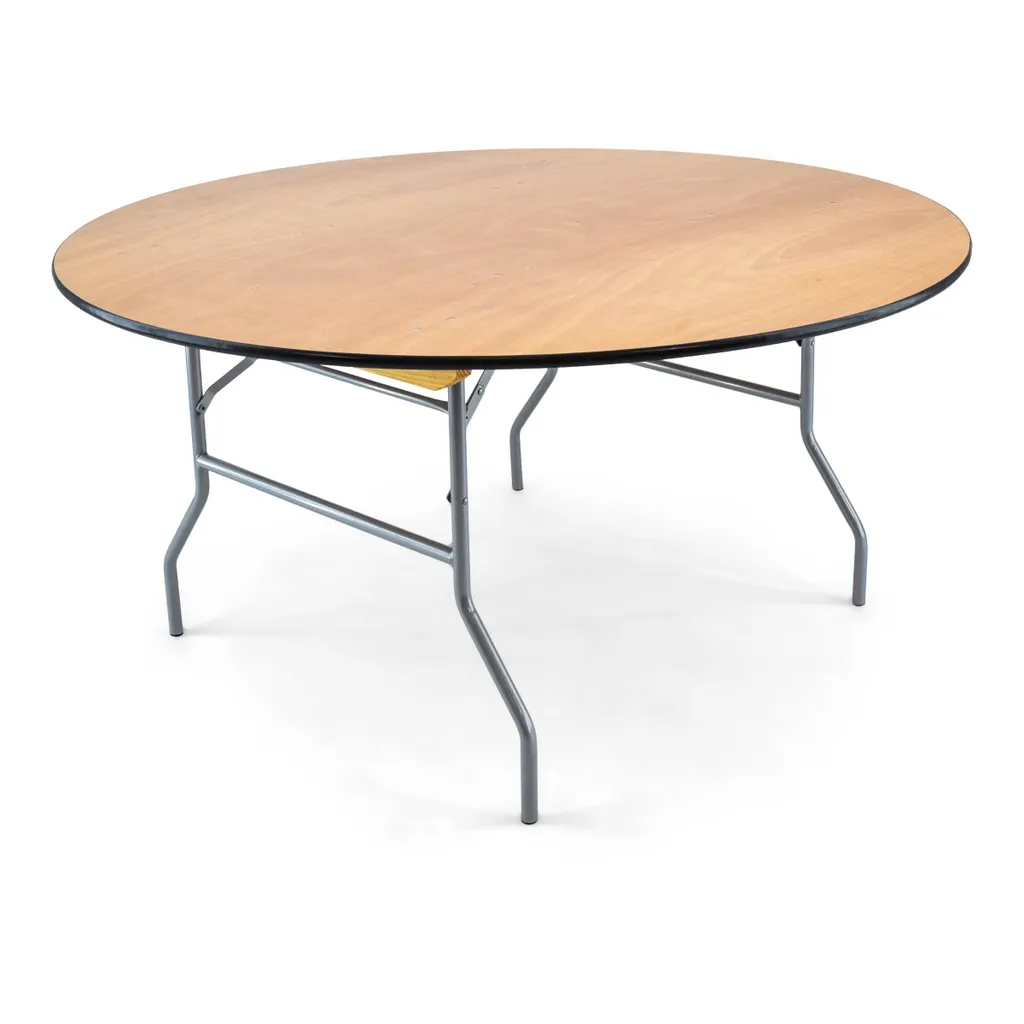 60-inch round wood folding table with metal legs